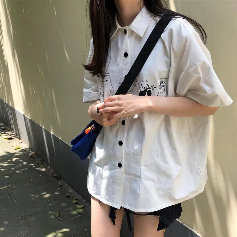 Harajuku cartoon shirt female street shirt printed short-sleeved shirt Korean fashion relaxed white casual shirt new spring and summer