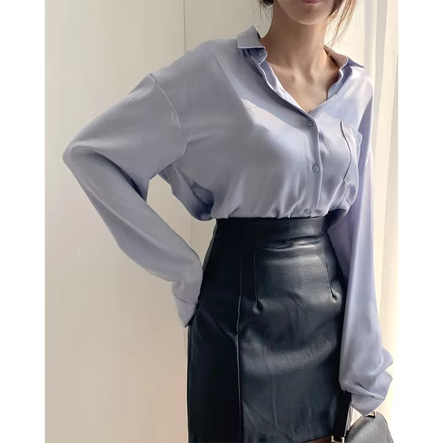 Elegant basic shirt female fashion pocket long sleeve shirt office woman Korean single row simple full fashion blouse