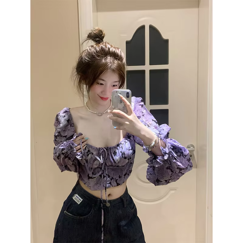 Retro Cut Slash Neck Shirt Women Y2K Fluffy Flower Long Sleeve Shirt Spring Elegant Korean Bandage Slimming Elegant Navel Blouse