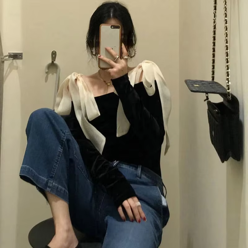 Retro shirt sexy shirt slant collar bow elegant office shirt South Korea retro bandage black bare shoulder slim casual blouse