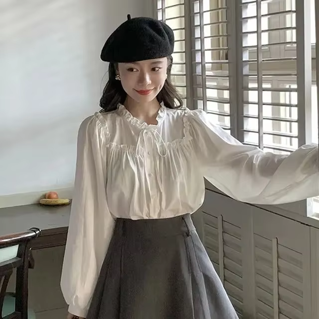 Elegant Sweet Bow Shirt White Korean Basic Shirt Long Sleeve Shirt Women Fashion Loose Streetwear Full Blouse New
