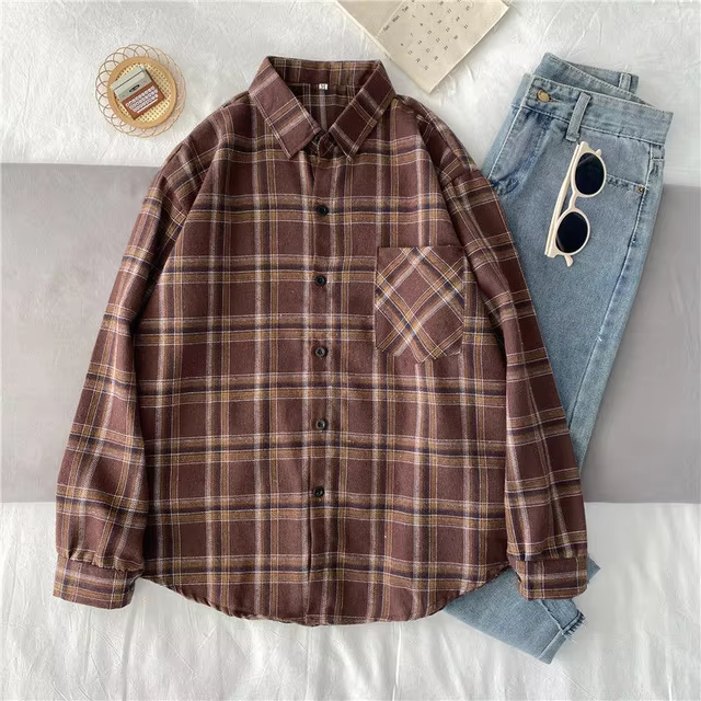 Harajuku retro plaid shirt oversized long sleeve shirt women street Korean button down casual shirt spring and autumn outdoor