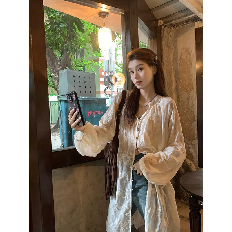Street Midi Sunscreen Shirt Elegant Floral Embroidery Shirt Women Summer Korean Long Sleeve Sunscreen Shirt