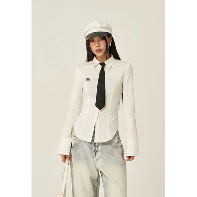 Original Accommodation Tie Shirt Y2K White Long Sleeve Shirt Preppy JK Street Shirt 2000s New Korean Fashion Blouse