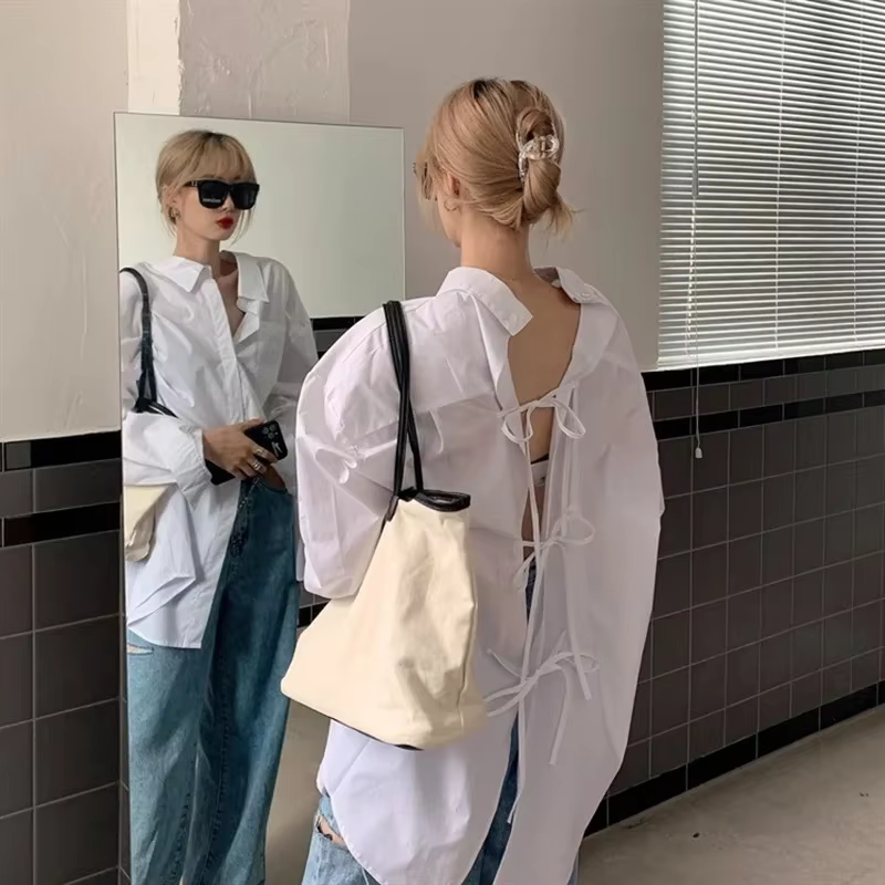 White shirt on the street Harajuku oversized bandage long-sleeved shirt for women Korean fashion, elegant, casual and stylish blouse new in spring