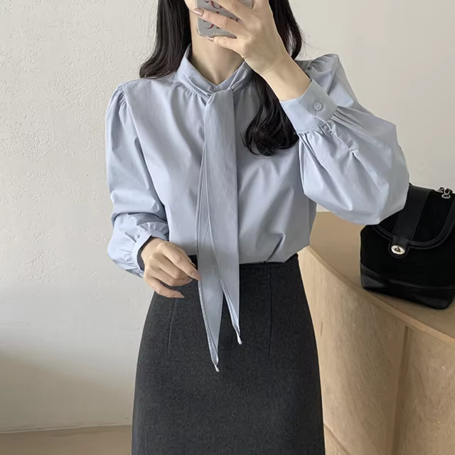 Elegant White Shirt Women Korean Tie Long Sleeve Black Shirt Office Lady Fashion Single Row Fashion Blouse New