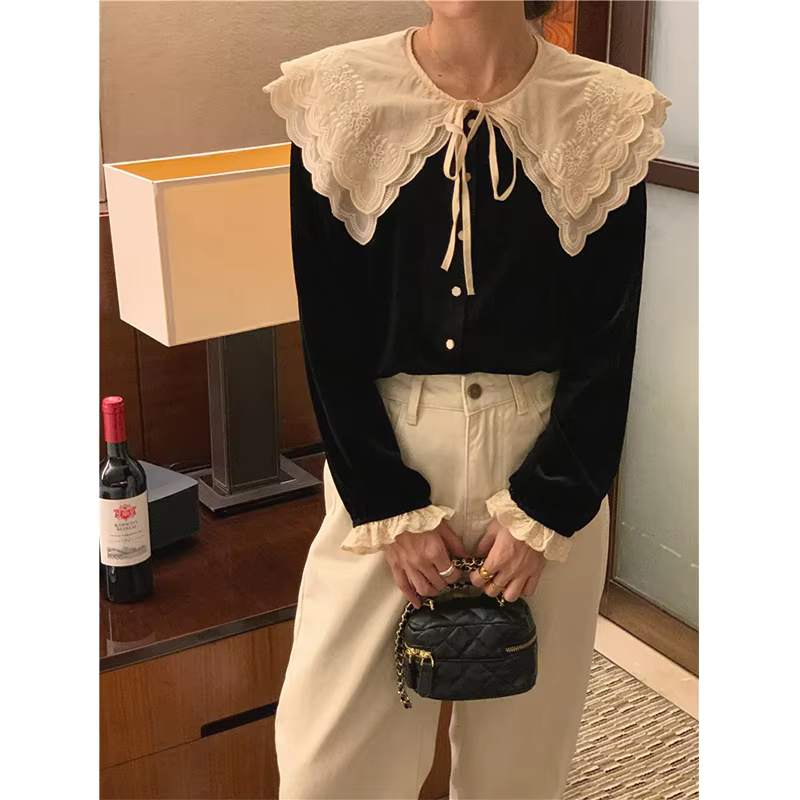 Retro Black Velvet Shirt Women Elegant Lace Patch Office Shirt Female Korean Bandage Long Sleeve Loose Chic Blouse New