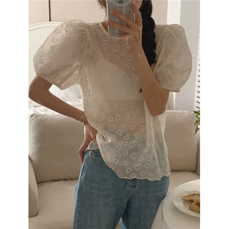 Elegant love Sheer Lady Korea Heart embroidery shirt Summer Sweet Fashion Lady pompous short sleeve bandaged shirt new