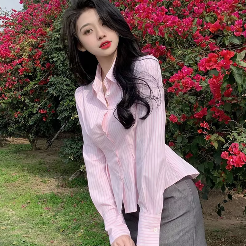 Elegant Striped Shirt Women Y2K Streetwear Pleated Waist Reveal Navel Blouse Korean Fashion Simple Pink Long Sleeve Slimming Full Shirt