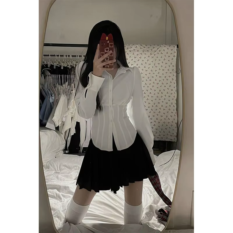 Camisa blanca Y2K ropa callejera femenina cintura y manga larga blusa ombligo estudiante JK preppy moda coreana básicamente adelgazamiento con Camisa nueva