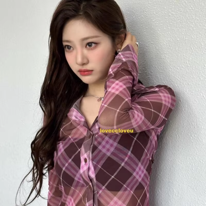 Harajuku cropped plaid shirts women Y2K 2000s sexy long sleeve see through shirt with mesh and see through shirt korean street in summer