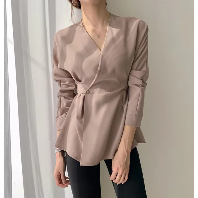 Elegant Black Bandage Shirt Women Waist Long Sleeve Shirt Office Lady Korean Fashion V Neck Simple Full Fashion Blouse New