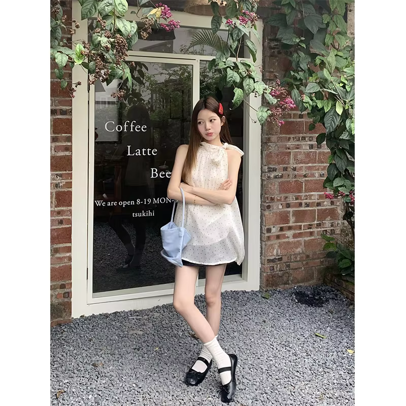 Retro Polka Dot Shirt Chic Bow Shirt Women Japanese Sweet Tank Top Printed Sleeveless Strappy Blouse Summer Korean Casual Clothes