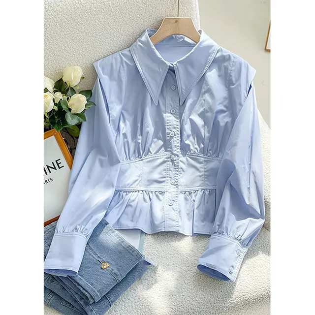 Elegant Fold Shirt White Shirt Korean Long Sleeve Office Shirt Women Fashion Solid Lapel Basic Casual Navel Blouse