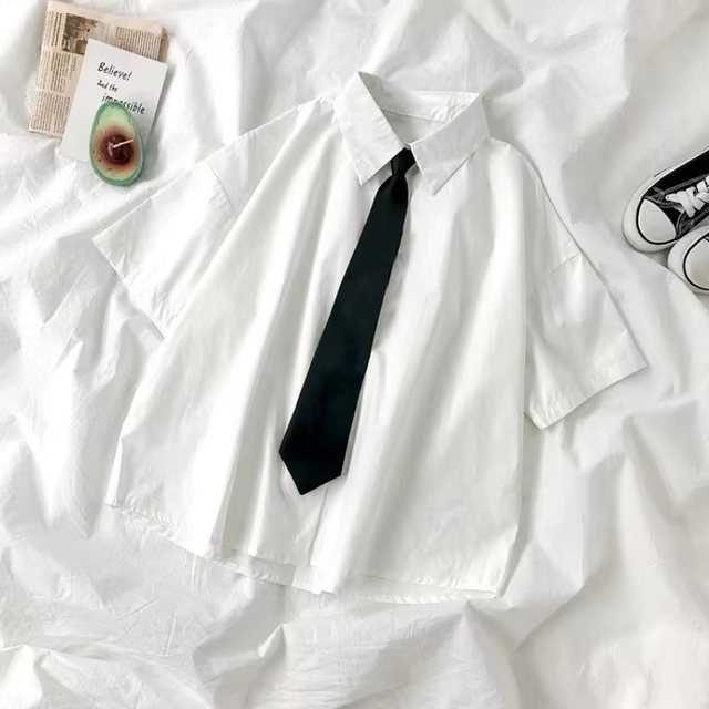 White tie shirt Japanese JK short-sleeved shirt preparatory students Korean buttons summer simple solid loose full-range blouse
