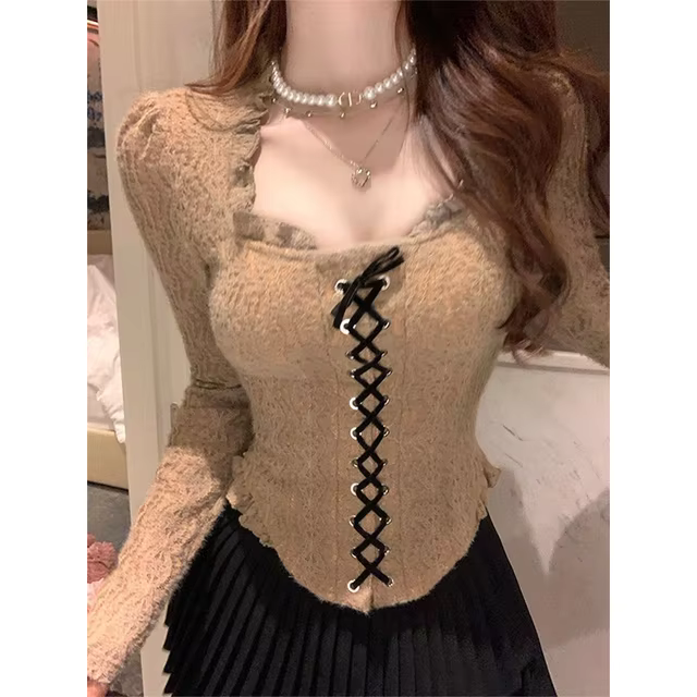 Retro Lace Shirt Female Y2K Street Bandage Waist Cover Navel Blouse Sweet Solid Korean Long Sleeve Slim with Fashion Shirt