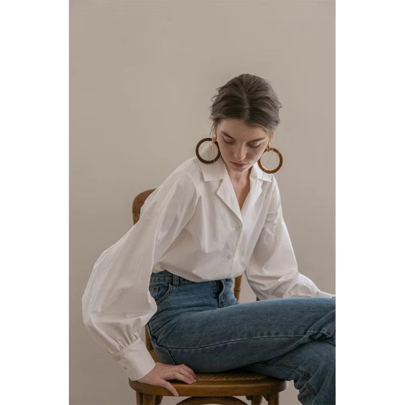Pure cotton white shirt elegant shirt retro lantern elegant long-sleeved shirt lady Korean fashion single-row new fashion blouse