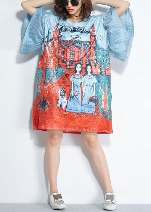 Unique Blue O-Neck Pockets Print Summer Flare Sleeve Party Dress