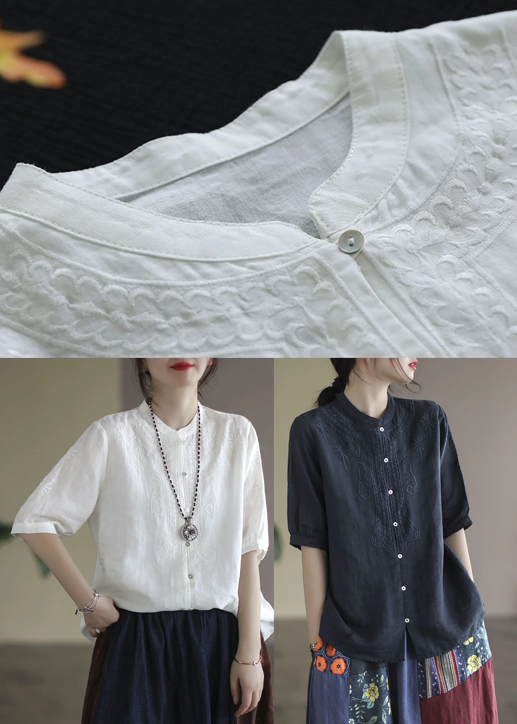 Cotton Shirts Stand Collar Embroideried Half Sleeve