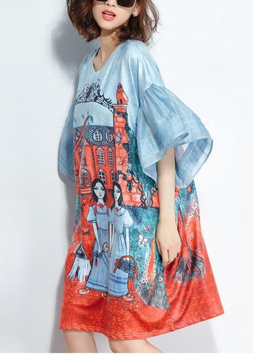 Unique Blue O-Neck Pockets Print Summer Flare Sleeve Party Dress