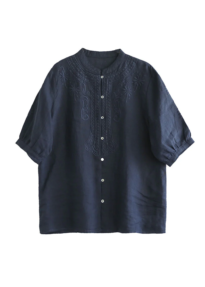 Cotton Shirts Stand Collar Embroideried Half Sleeve