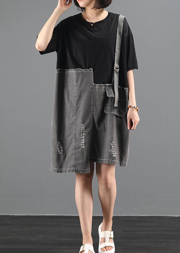 Loose o neck summer tunic top Runway black patchwork denim Dress