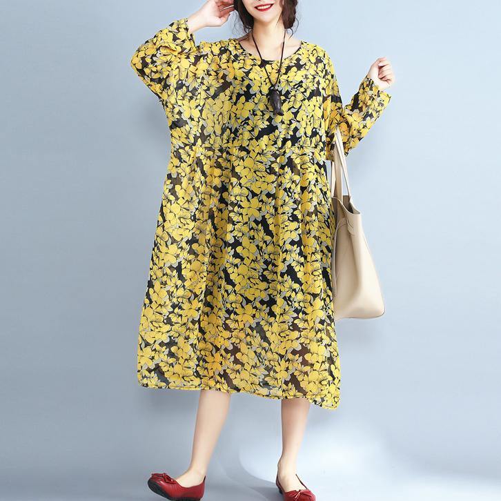 Yellow floral natural chiffon dress  Loose fitting o neck traveling dress