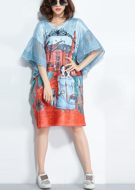 Unique Blue O-Neck Pockets Print Summer Flare Sleeve Party Dress