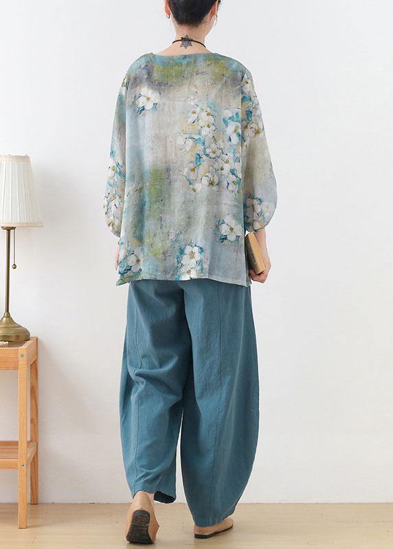Elegant Blue retro O-Neck Fall Blouses Three Quarter sleeve