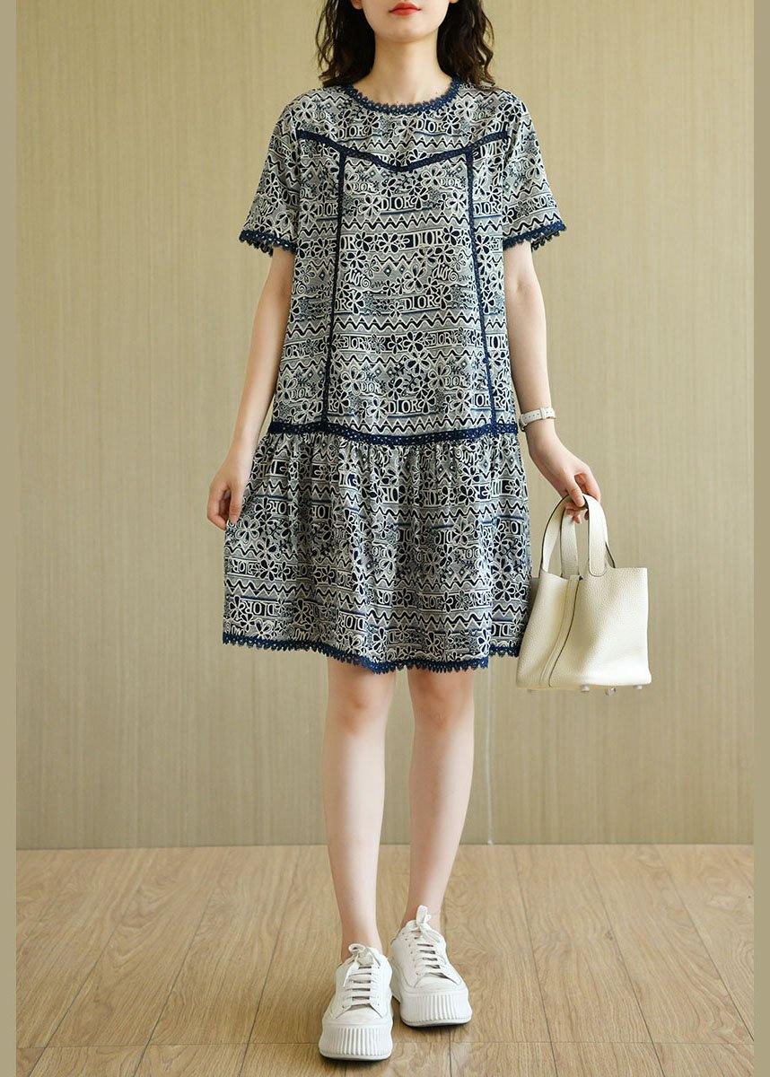 Modern Navy O-Neck Print Summer Chiffon Dresses Short Sleeve