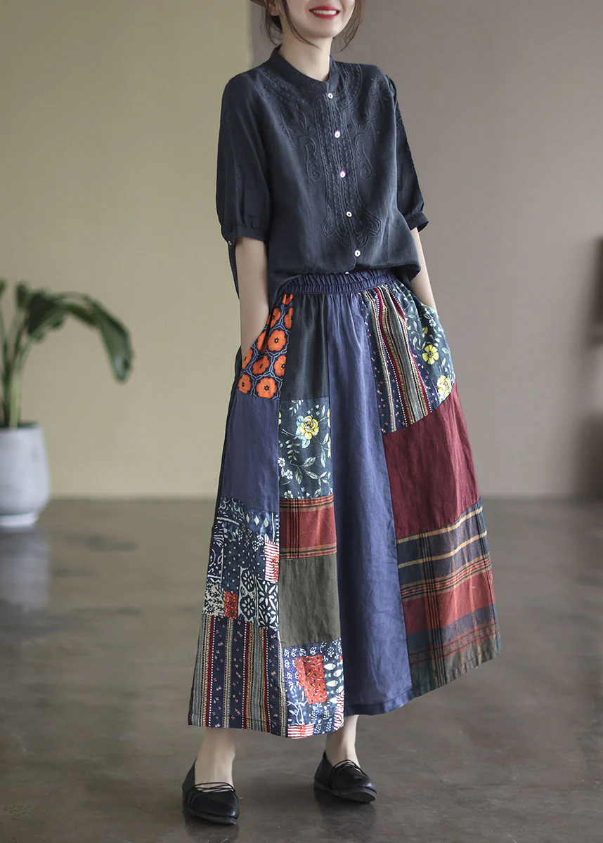 Cotton Shirts Stand Collar Embroideried Half Sleeve