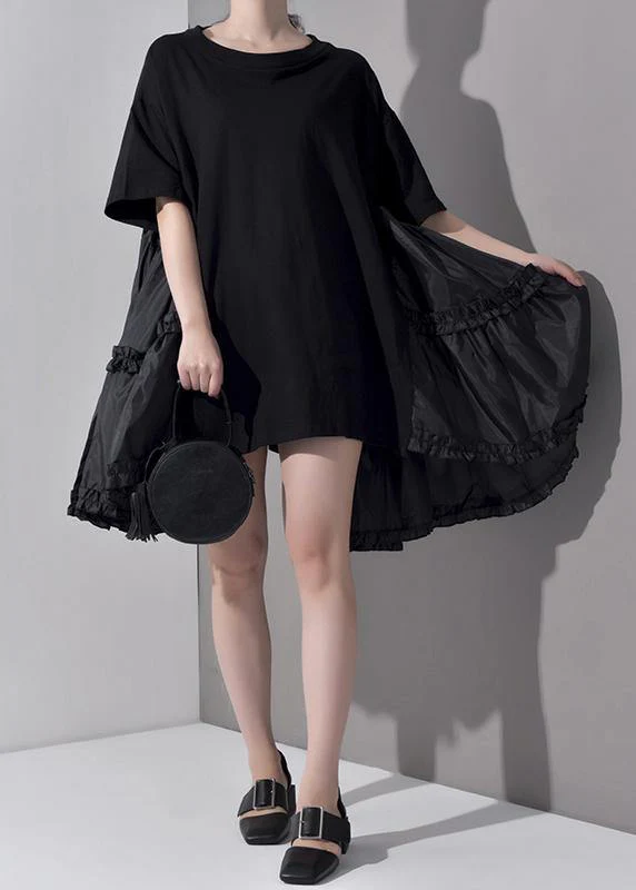 Spring Summer Round Neck Half Sleeve Pleated Big Size Dress