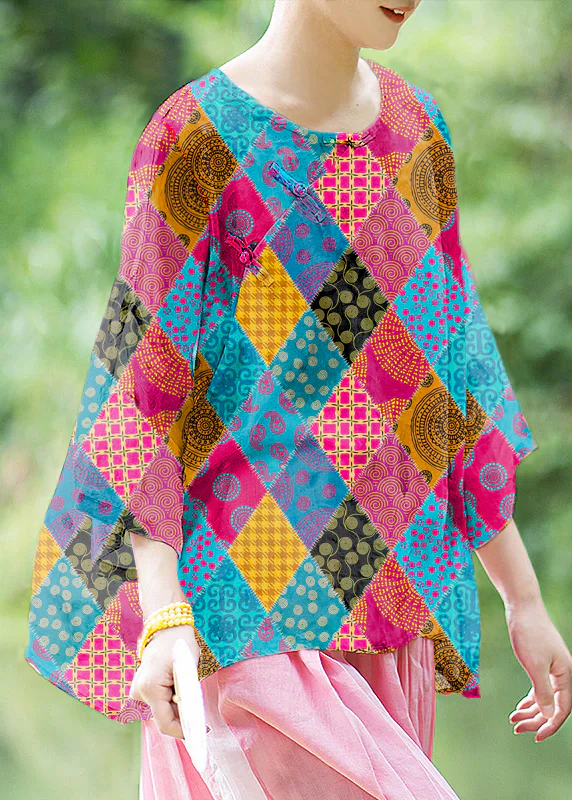 Natural Pink O Neck Print Chinese Button Linen Shirt Summer