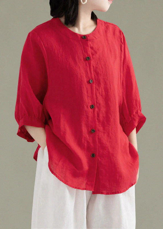 Art Red-print1 O-Neck Button Linen Loose Shirt Top Lantern Sleeve