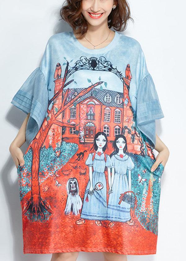 Unique Blue O-Neck Pockets Print Summer Flare Sleeve Party Dress