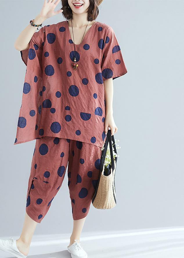 Korean version of cotton and linen women's brown dot print top + casual wide leg pants suit