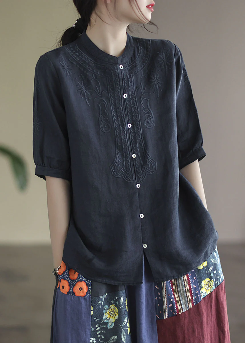 Cotton Shirts Stand Collar Embroideried Half Sleeve